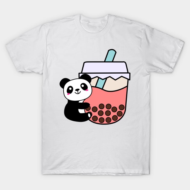 Happy Baby Panda Hugs Bubble Tea Kawaii Pink Boba Tea T-Shirt by 4U2NV-LDN